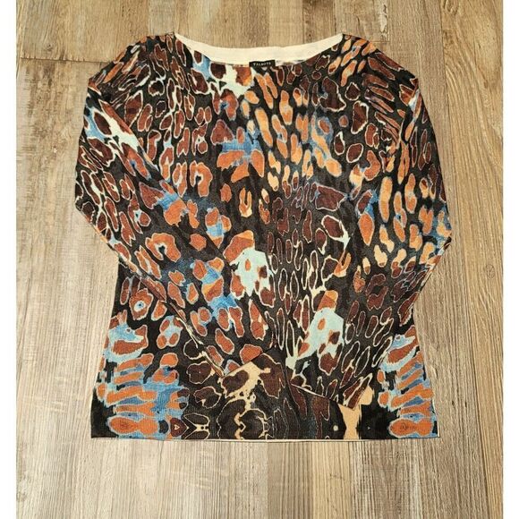 Talbots Sweater XS Gray Brown Blue 100% Merino Wool Abstract Pullover Womens - Picture 2 of 7